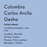 Text on a blue background describing Colombia Carlos Arcila Gesha coffee with details about flavor profile, location, variety, process, and elevation.