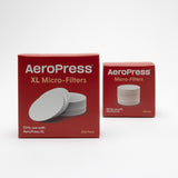 small red box with aeropress filters. 200 replacement AeroPress micro-filters compatible with AeroPress XL Coffee Maker. pictured on a white background.