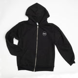 black hooded zip up sweatshirt with our heart logo, heart text in a circle, white screenprinting. photographed on a white backdrop