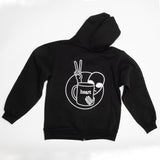 view of the back of the hooded black zip up sweatshirt. large print of an alien holding up a peace sign with two fingers and holding a coffee cup with the text heart .