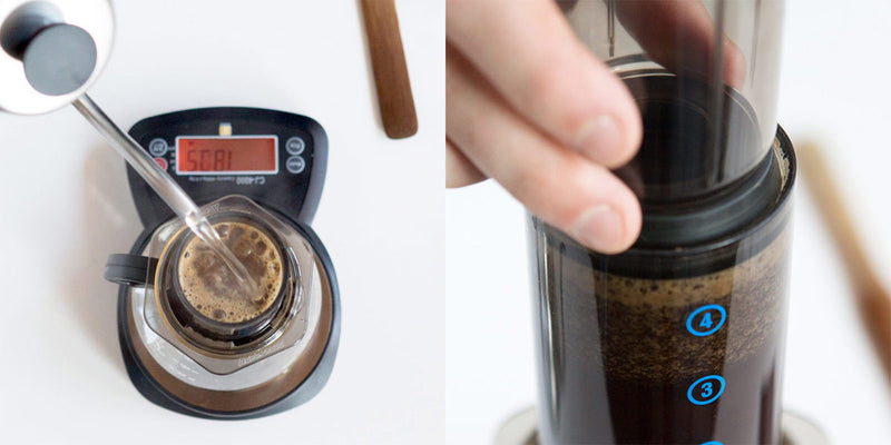 boiling water being poured from a kettle to an aeropress on a scale. Plunger of aeropress being replaced on top of water and coffee.