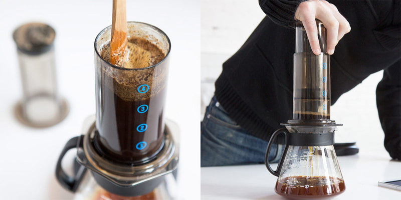 Wooden spoon stirring coffee in an aeropress next to a hand plunging the aeropress.