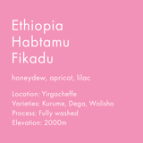 Text on a pink background describing Ethiopia Habtamu Fikadu coffee with details like flavor profile, location, varieties, process, and elevation.