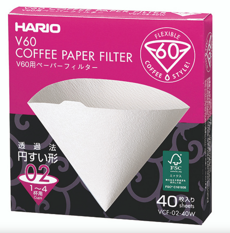 Pink and grey package of Hario V60 (02) coffee paper filters. package of 40 filters. 