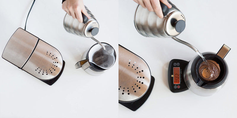 overhead photo of a coffee maker next to a coffee pot on a scale.