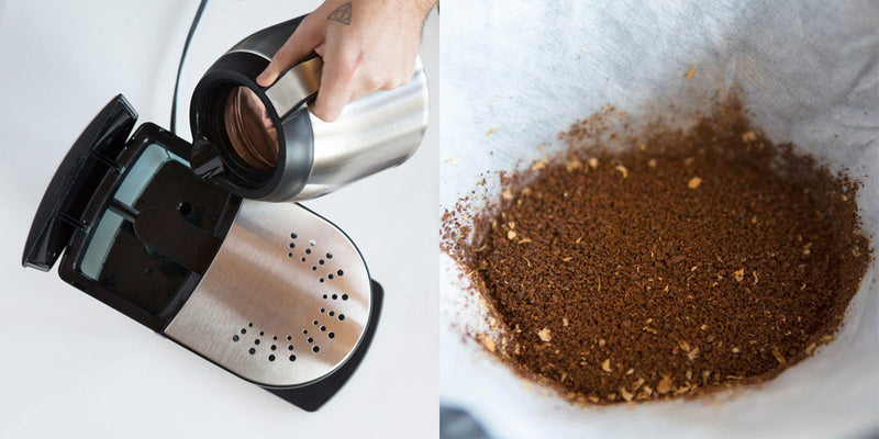 hand holding carafe pouring water into coffee maker. A close up of ground coffee.