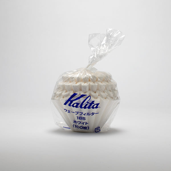 plastic bag with blue text. Kalita Wave 185&nbsp;filters (100 filters per package)  pictured with a white background. 