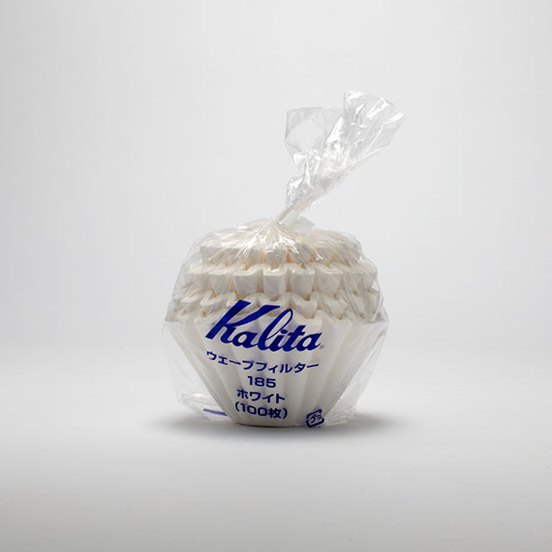 plastic bag with blue text. Kalita Wave 185&nbsp;filters (100 filters per package)  pictured with a white background. 